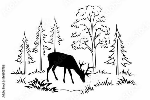 Silhouette of a deer grazing among trees forest