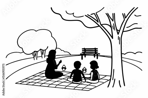Family picnic under a tree park bench
