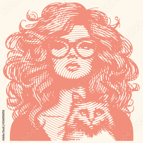 Pink woman with large glasses and voluminous wavy hair holding cat, hash circle line effect postal stamp vector illustration, trendy fashion portrait, modern artistic design