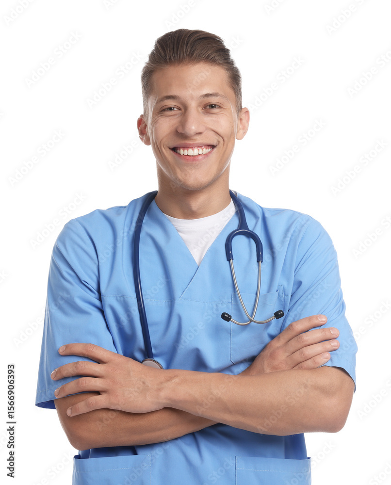 Portrait of medical student on white background Portrait of medical student on white background