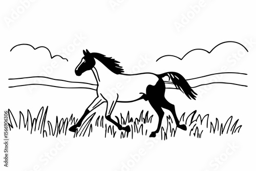 Horse galloping through grassy field with clouds running