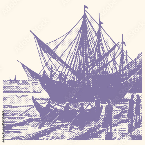 Halftone effect vector illustration of purple fishing boats on the shore by water, postal stamp style design, vintage seaside scene, nautical theme, marine vessel, coastal harbor art