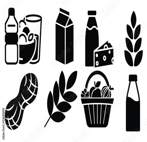 Food and Beverage Icons Set Featuring Milk Cartons, Juice Bottles, Fruits, Bread, and Grocery Items for Nutrition, Supermarket, and Culinary Design