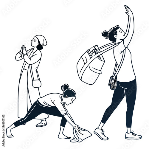 Three women preparing for yoga in casual and sportswear