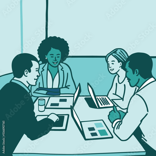 Diverse business team collaborating with laptops in modern office