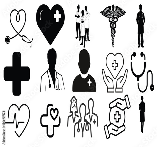 Medical and Healthcare Icons Set Featuring Stethoscope, Syringe, Heart, Cross, and Hospital Equipment for Clinics, Pharmacies, and Health Services
