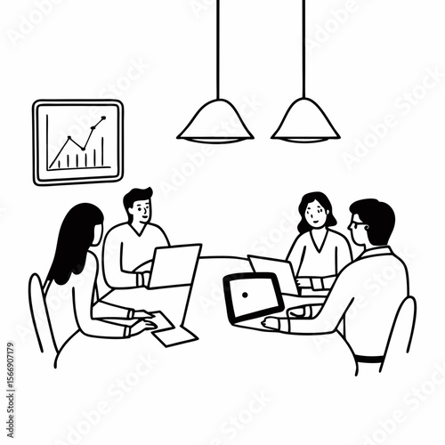 Office workers analyzing graph data in black and white style