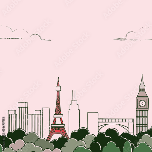 Famous world landmarks in pink hand-drawn cityscape with trees