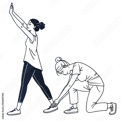 Two women stretching in sportswear on white background