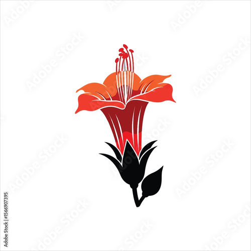 Stylized red and orange bell flower with black foliage and stamen