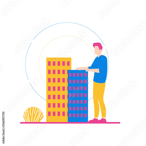Man interacting with modern buildings and abstract elements isolated on transparent background