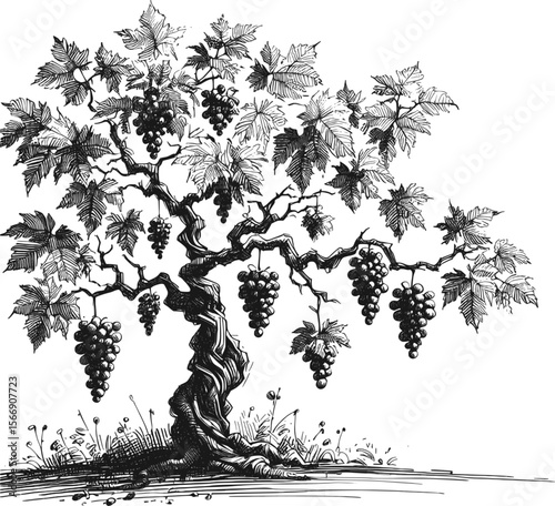 Juicy Jewels: Nature’s Sweet Bounty Grape tree vintage linework ink sketch hand drawn pen drawing plant vector illustration background