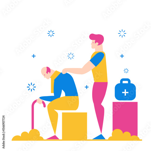 Young person comforting elderly person with cane and medical bag isolated on transparent background