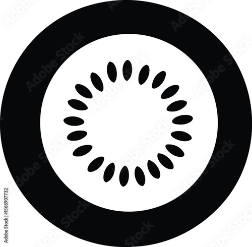 Kiwi fruit slice silhouette with radial seeds and circular rind for tropical food icon