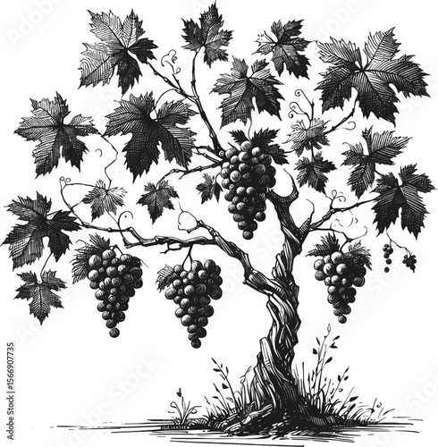 Sun-Kissed Clusters: A Grape Tree’s Gift vintage linework ink sketch hand drawn pen drawing plant vector illustration background
