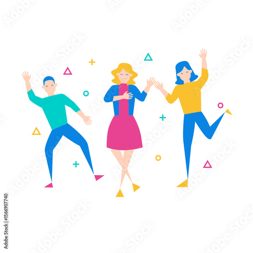 Three diverse people dancing joyfully with colorful geometric shapes isolated on transparent background