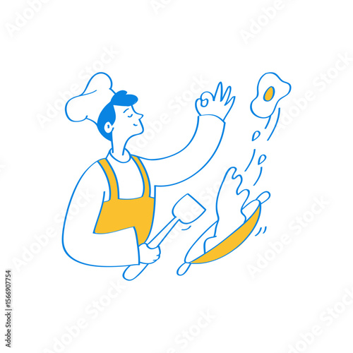 Chef making delicious food with spatula and fried egg isolated on transparent background