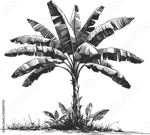 Golden Growth: A Banana Tree’s Journey vintage linework ink sketch hand drawn pen drawing plant vector illustration background