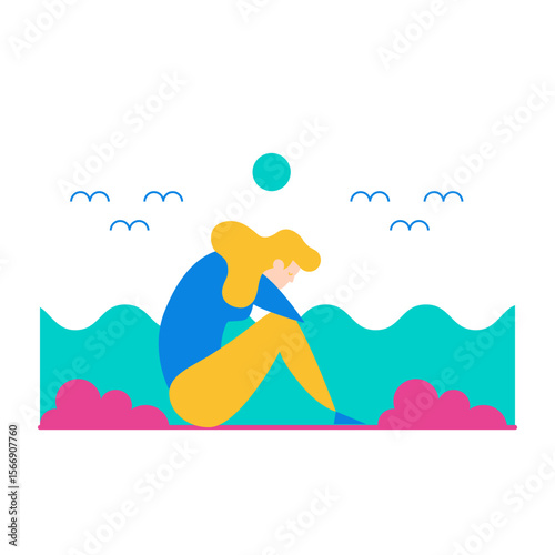 Sad woman sitting by the sea with birds flying above isolated on transparent background