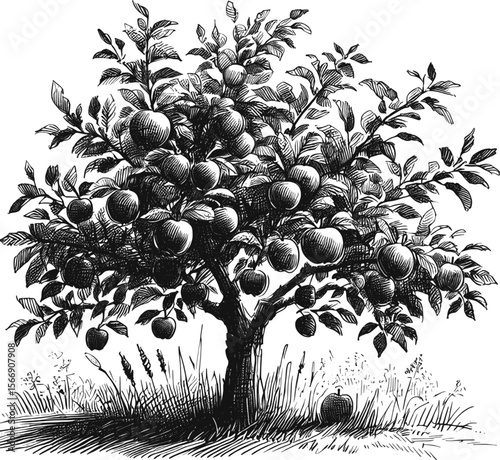 Nature’s Candy: A Ripe Apple Tree vintage linework ink sketch hand drawn pen drawing plant vector illustration background