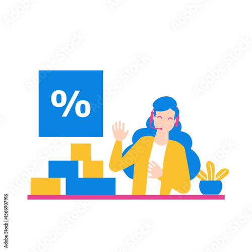 Customer service representative with percentage symbol and stacked blocks isolated on transparent background