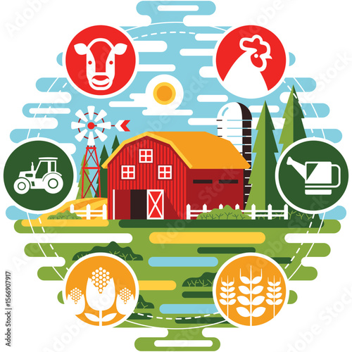 Farm life illustration with barn tractor cow chicken crops and watering can isolated on transparent background