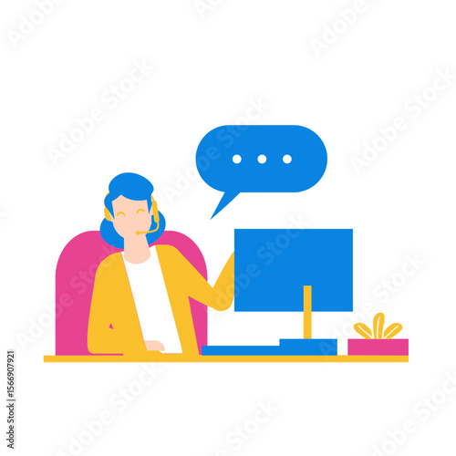 Customer service representative with headset and computer isolated on transparent background