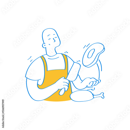 Chef preparing meat with a cleaver and steak isolated on transparent background