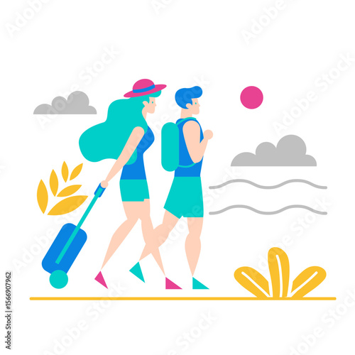 Couple traveling together with suitcase and backpacks isolated on transparent background