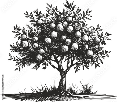 Citrus Splendor: The Beauty of an Orange Tree vintage linework ink sketch hand drawn pen drawing plant vector illustration background
