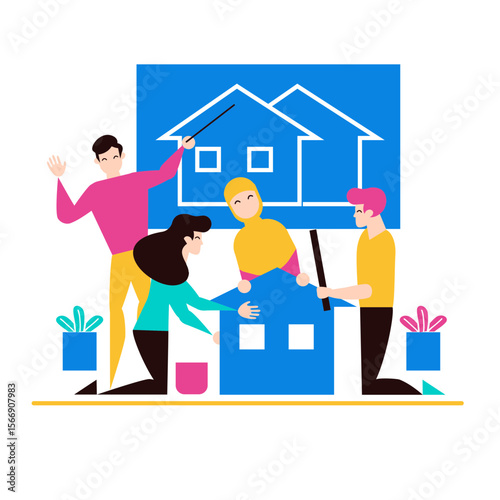 Diverse team collaborating on building a house design blueprint isolated on transparent background