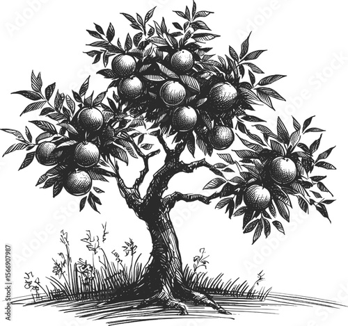Sweet Abundance: A Tree Full of Sunshine Orange tree vintage linework ink sketch hand drawn pen drawing plant vector illustration background
