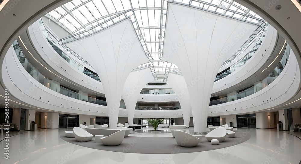 Obraz premium Modern Interior Atrium Design of a Contemporary Building Office Lobby with Skylight.