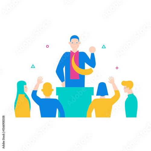 Politician speaking to audience raising hands isolated on transparent background