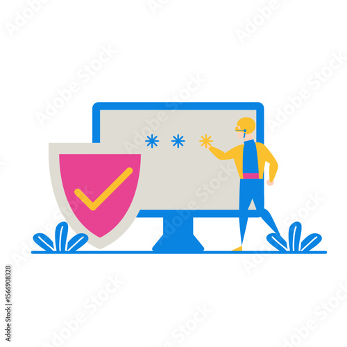 Man entering password on computer with shield and checkmark isolated on transparent background