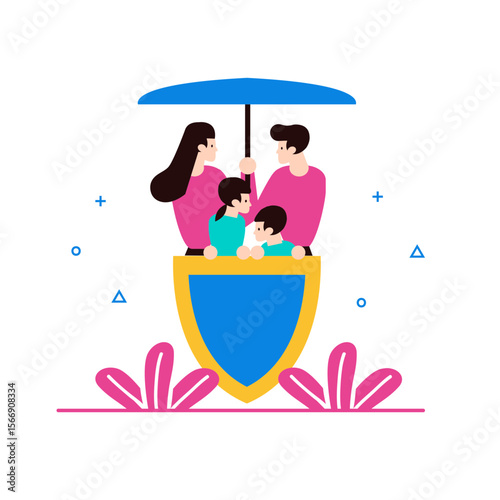 Family protected under umbrella and shield symbolizing security and safety isolated on transparent background