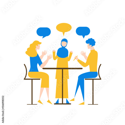 Diverse group of people engaged in conversation and discussion around a table isolated on transparent background