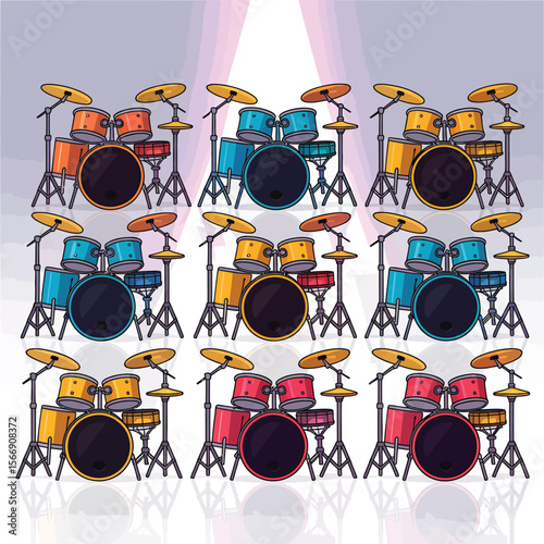 Collection of colorful drum sets arranged in a repeating pattern on a stage