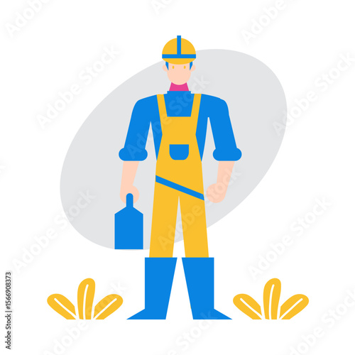 Cartoon construction worker in yellow overalls and blue shirt holding a tool isolated on transparent background