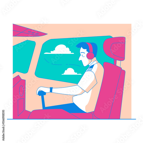 Pilot wearing headphones flying airplane in cockpit with clouds outside isolated on transparent background