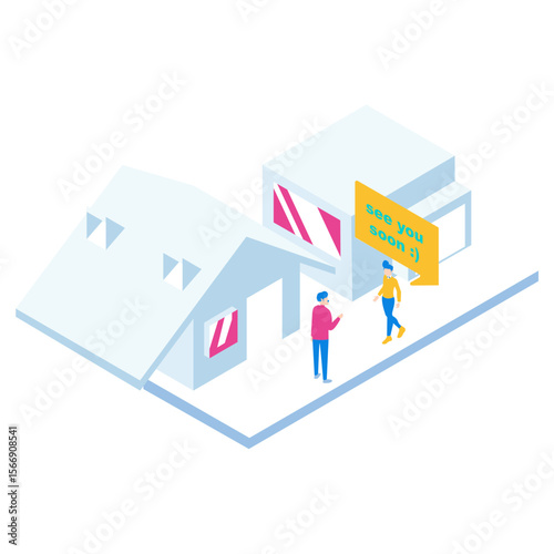 Two people interacting outside a modern building with a see you soon sign isolated on transparent background