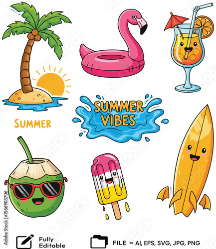 Cute stickers summer illustrations perfect for tropical designs and holiday themes.