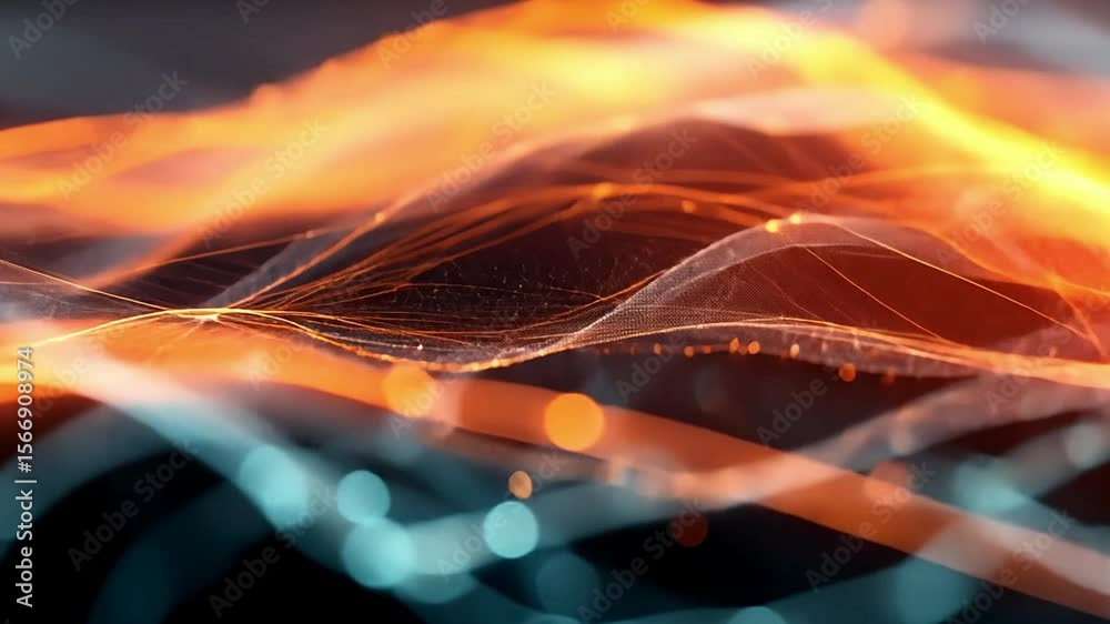Abstract network connecting points with orange glow and blue bokeh background in dark environment