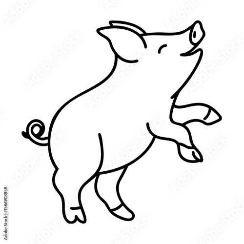 Black and white line art illustration of a pig standing on hind legs