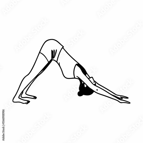 Woman performing downward facing dog yoga pose line art isolated on white background