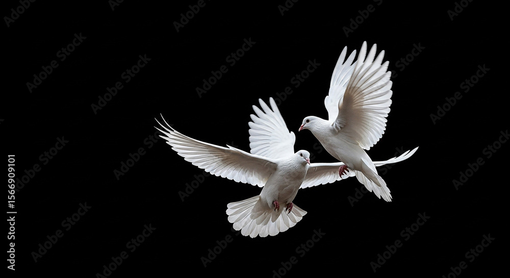 Fototapeta premium White doves flying peace symbol isolated on black background stock photo image for commercial use royalty free 100