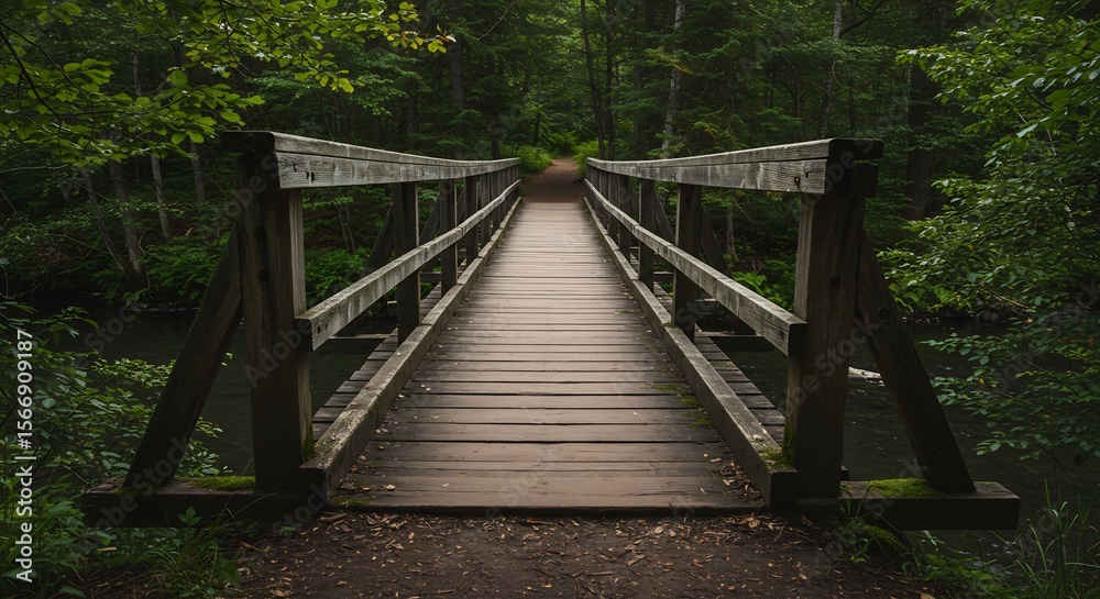 Obraz premium Serene Forest Bridge: Rustic Wooden Pathway Leading into Verdant Canopy