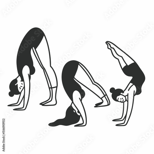 Three women performing yoga inversions in a line isolated on white background