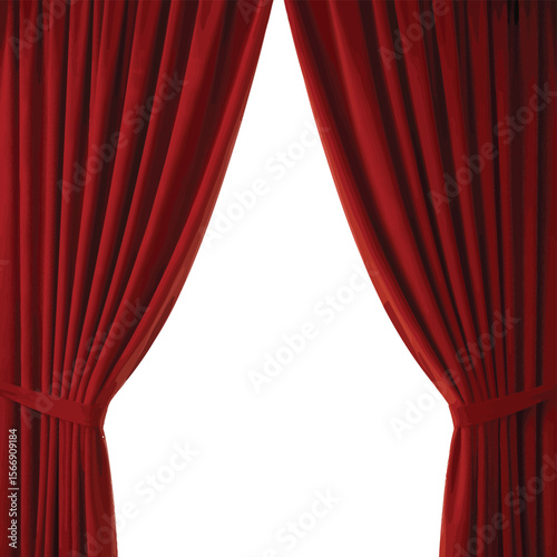 Rich red velvet theater curtains parted to reveal a bright white background space