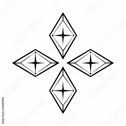 Four diamond shapes with inner star designs isolated on white background